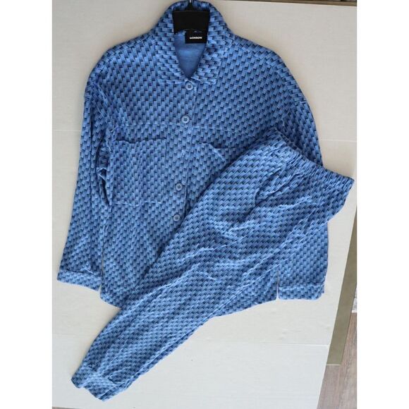 Monrow Women Sz S Blue L/S Button-Up Shirt & Jogger Pants Oversized 2-Pc Set - Picture 1 of 14